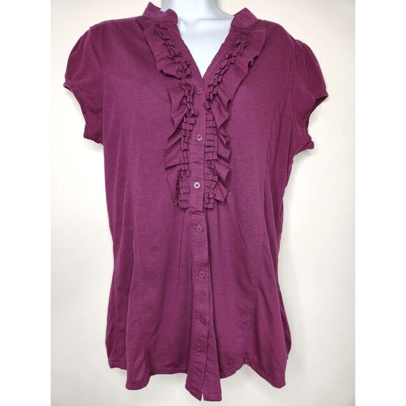 Purple Ruffle Button Front Blouse Short Sleeve Babydoll Top Women’s XL Work - Picture 1 of 6